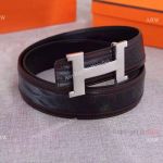 Copy Hermes Black Leather Belt Red Stitch with Brushed 'H' buckle